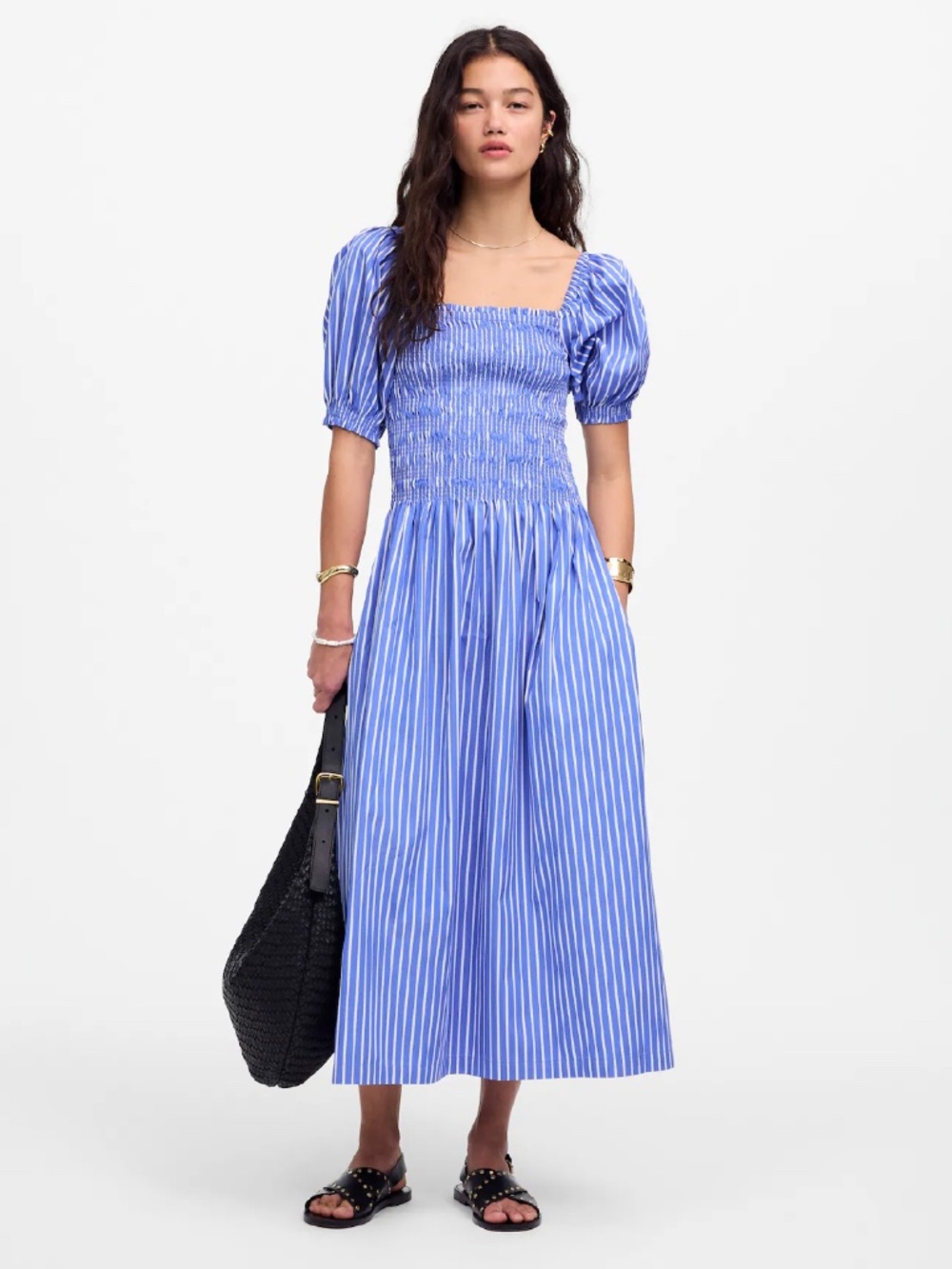 Madewell Smocked Puff Sleeve Midi Dress in Poplin